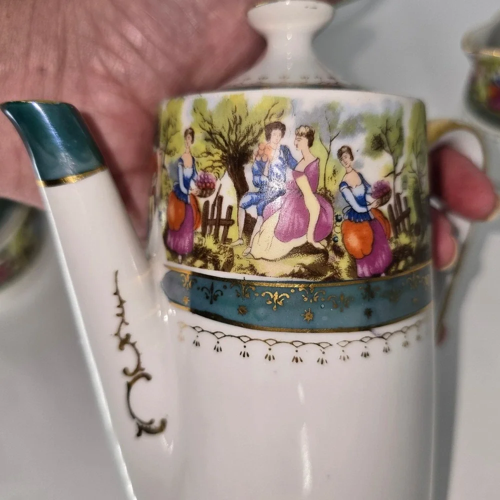 Vintage Fragonard Style Porcelain Tea Set‎ Teapot Sugar Creamer Courting Couple